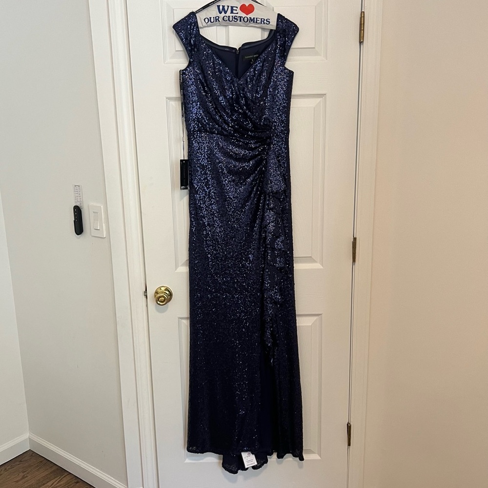 Tasashi Shoji Navy Full Length Sequin Evening Gown